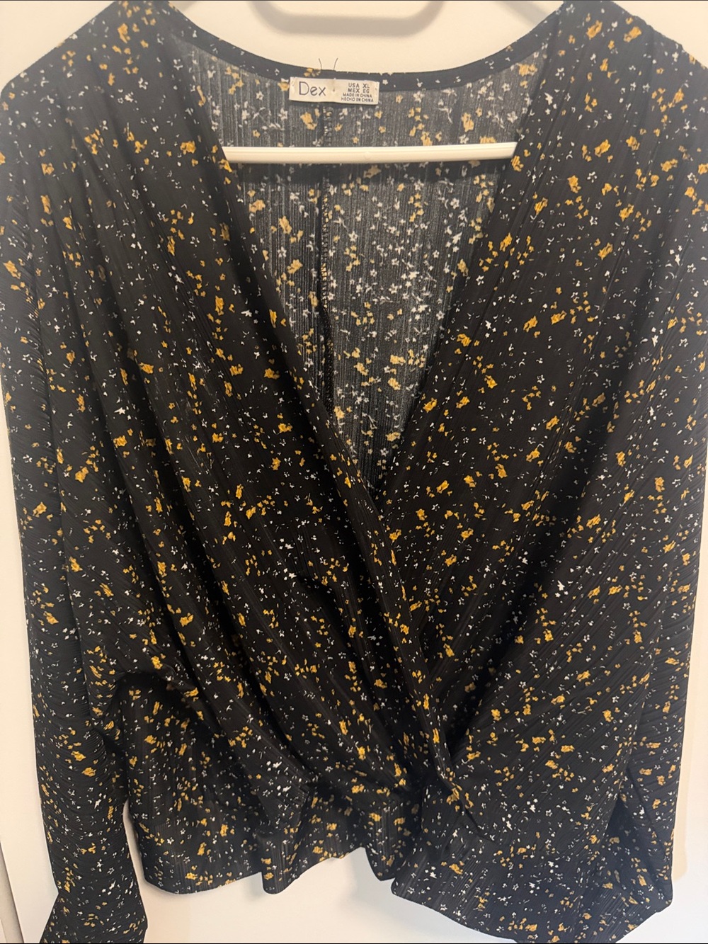 Dex Black Floral Wrap Blouse with Mustard and White Speckle Print